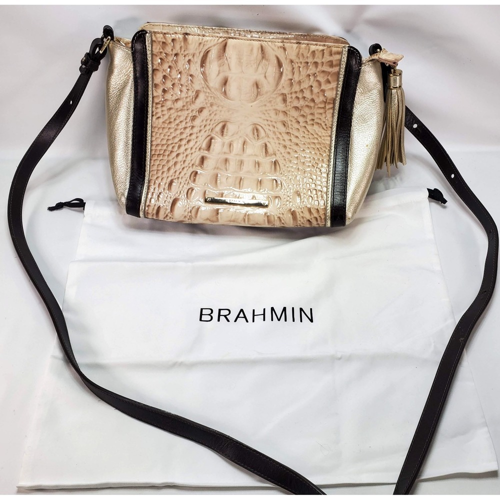 Brahmin Crossbody Leather Crossbody Purse Beige Tan Croc Alligator Design